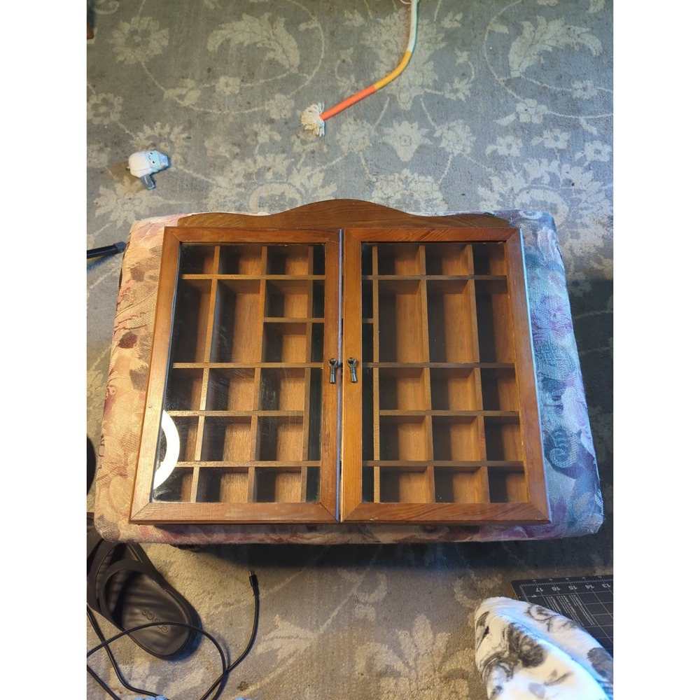 Vintage Wood Trinket Shelf Shadow Box Glass Doors Cottage Core 36 Compartments